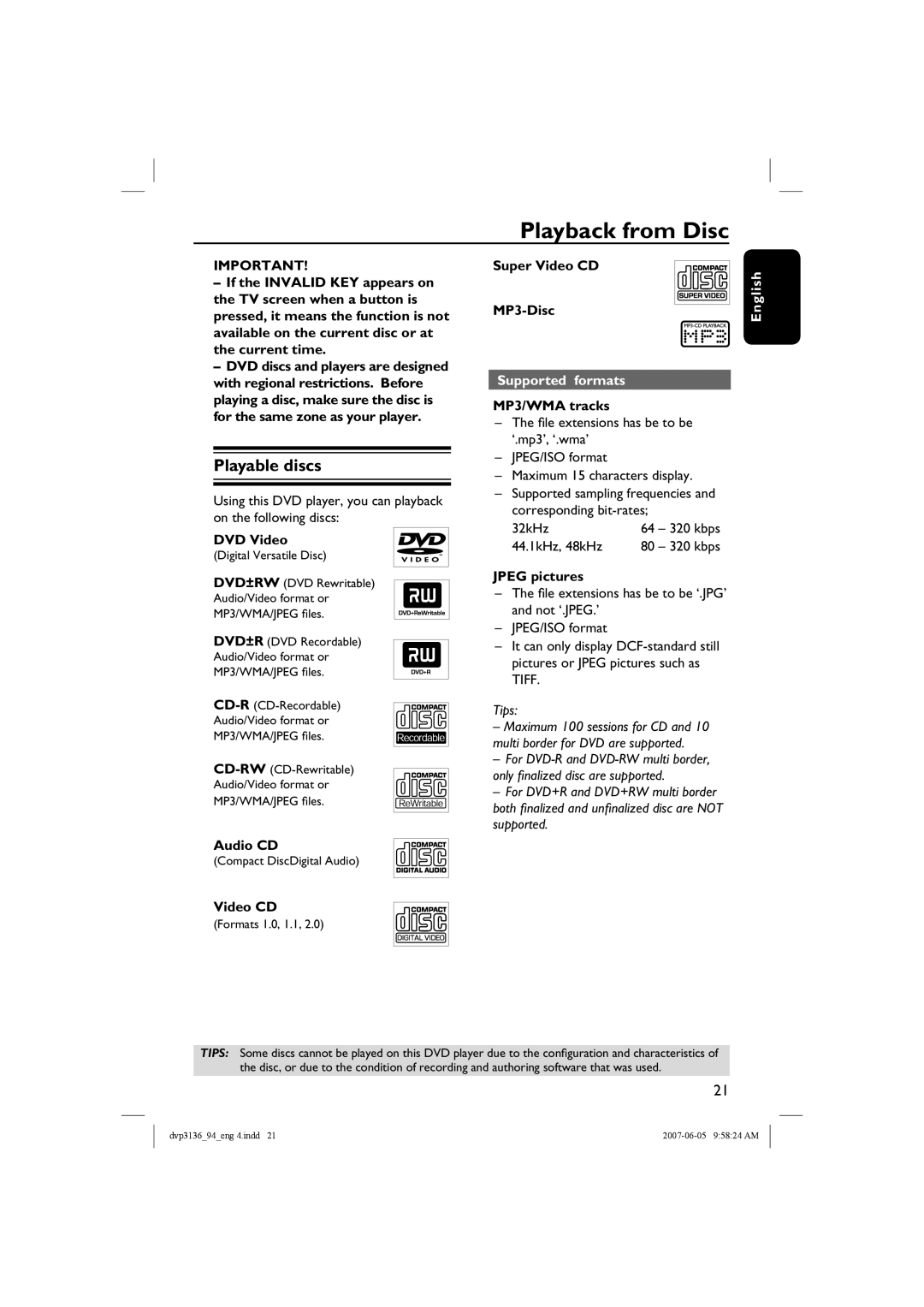 Philips DVP3136/94, SL-0721/94-2 user manual Playback from Disc, Playable discs, Supported formats 