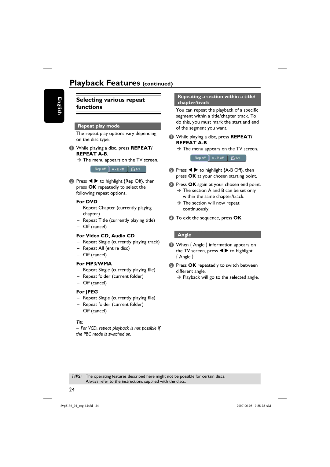 Philips DVP3136 Selecting various repeat functions, Repeat play mode, Repeating a section within a title/ chapter/track 