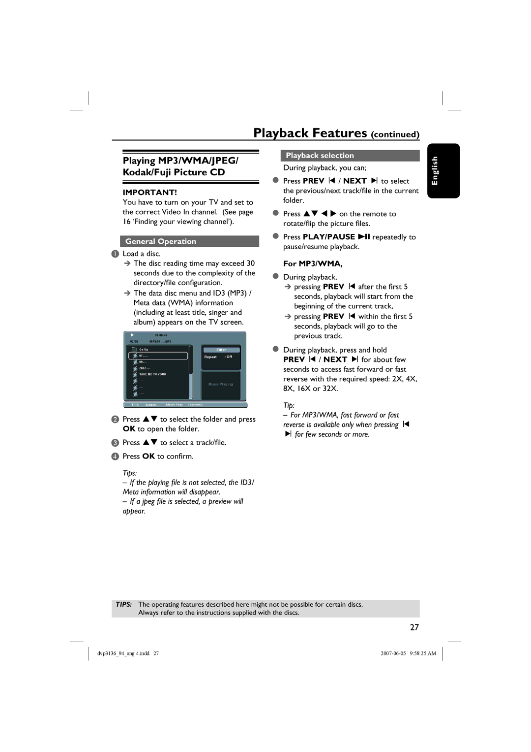 Philips DVP3136 user manual Playing MP3/WMA/JPEG/ Kodak/Fuji Picture CD, General Operation, Load a disc, Playback selection 