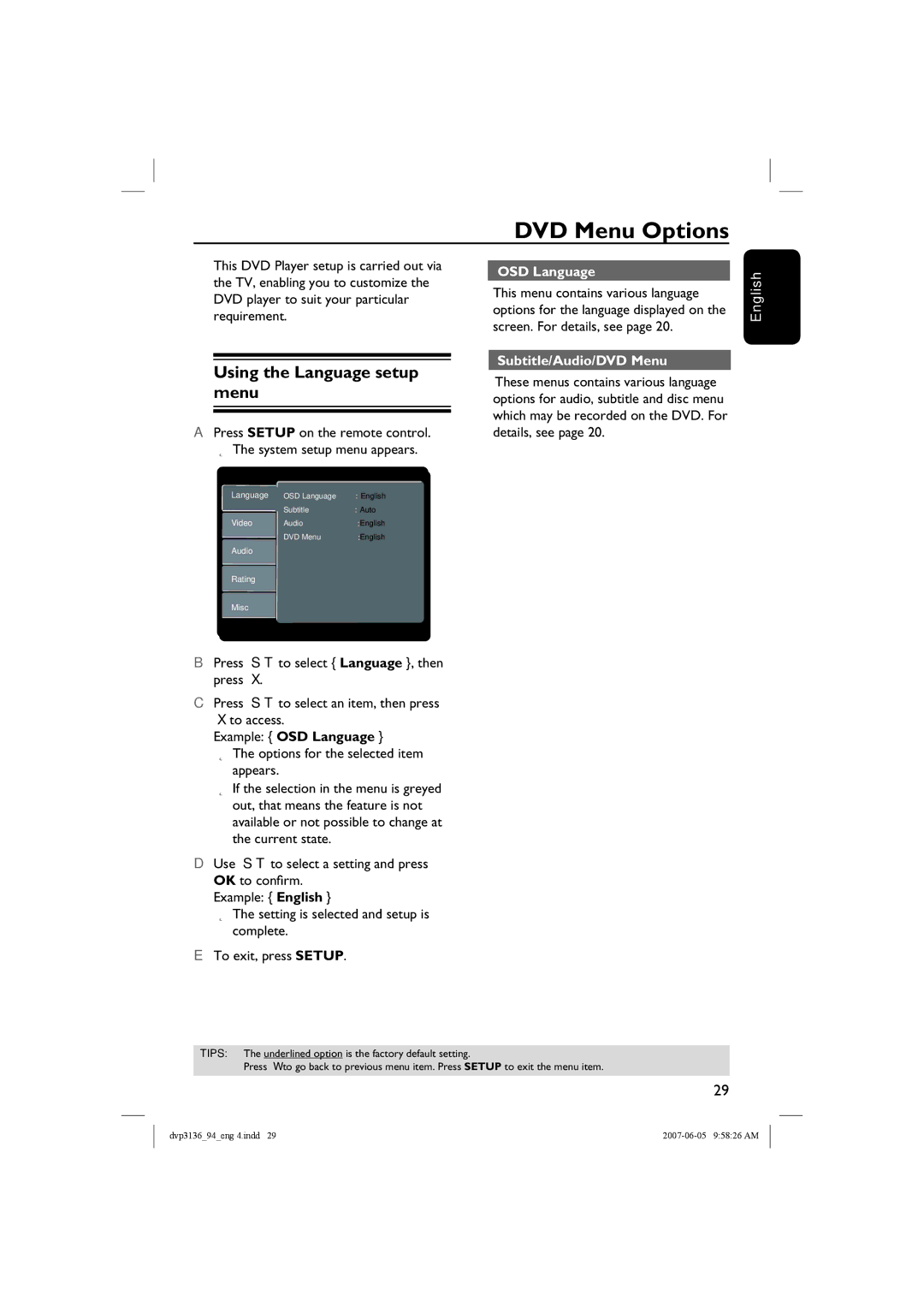 Philips SL-0721/94-2, DVP3136 DVD Menu Options, Using the Language setup menu, OSD Language, Subtitle/Audio/DVD Menu 