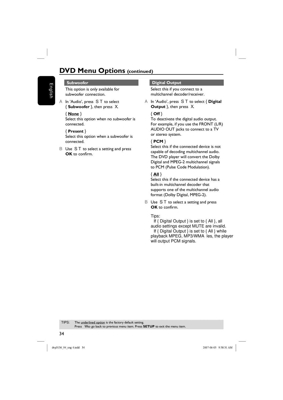 Philips DVP3136/94, SL-0721/94-2 user manual Subwoofer Digital Output English, Present, Off, Pcm, All 