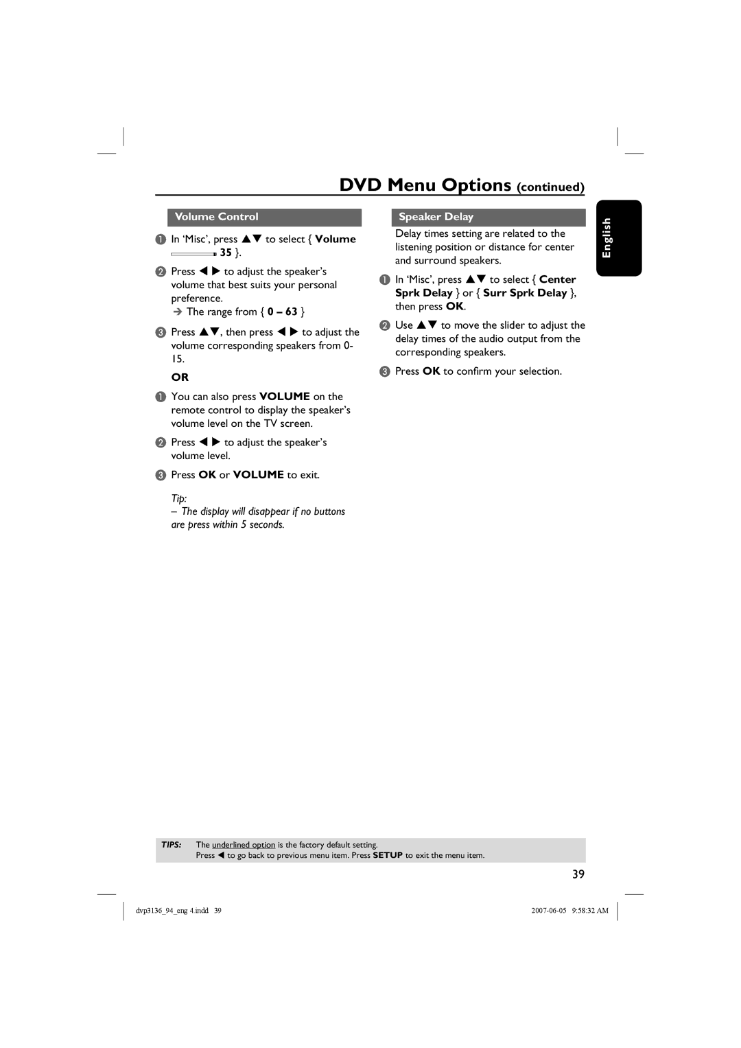 Philips DVP3136/94, SL-0721/94-2 user manual Volume Control, Speaker Delay, Press OK to confirm your selection 