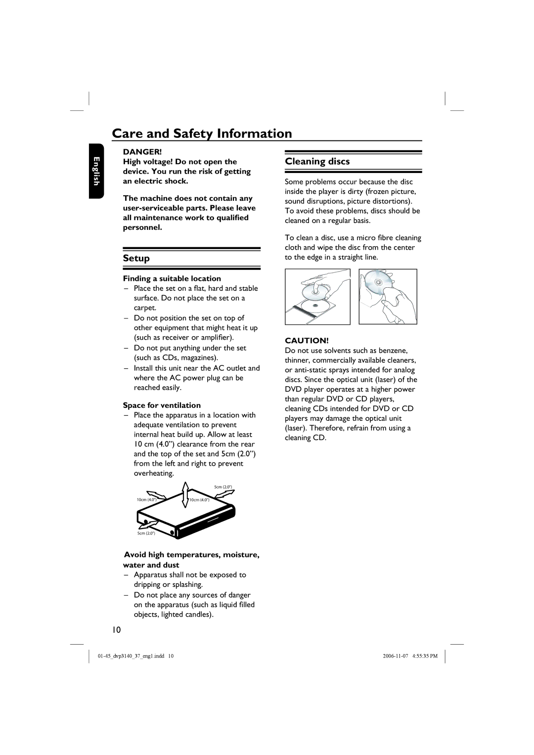 Philips DVP3140 manual Care and Safety Information, Setup, Cleaning discs 