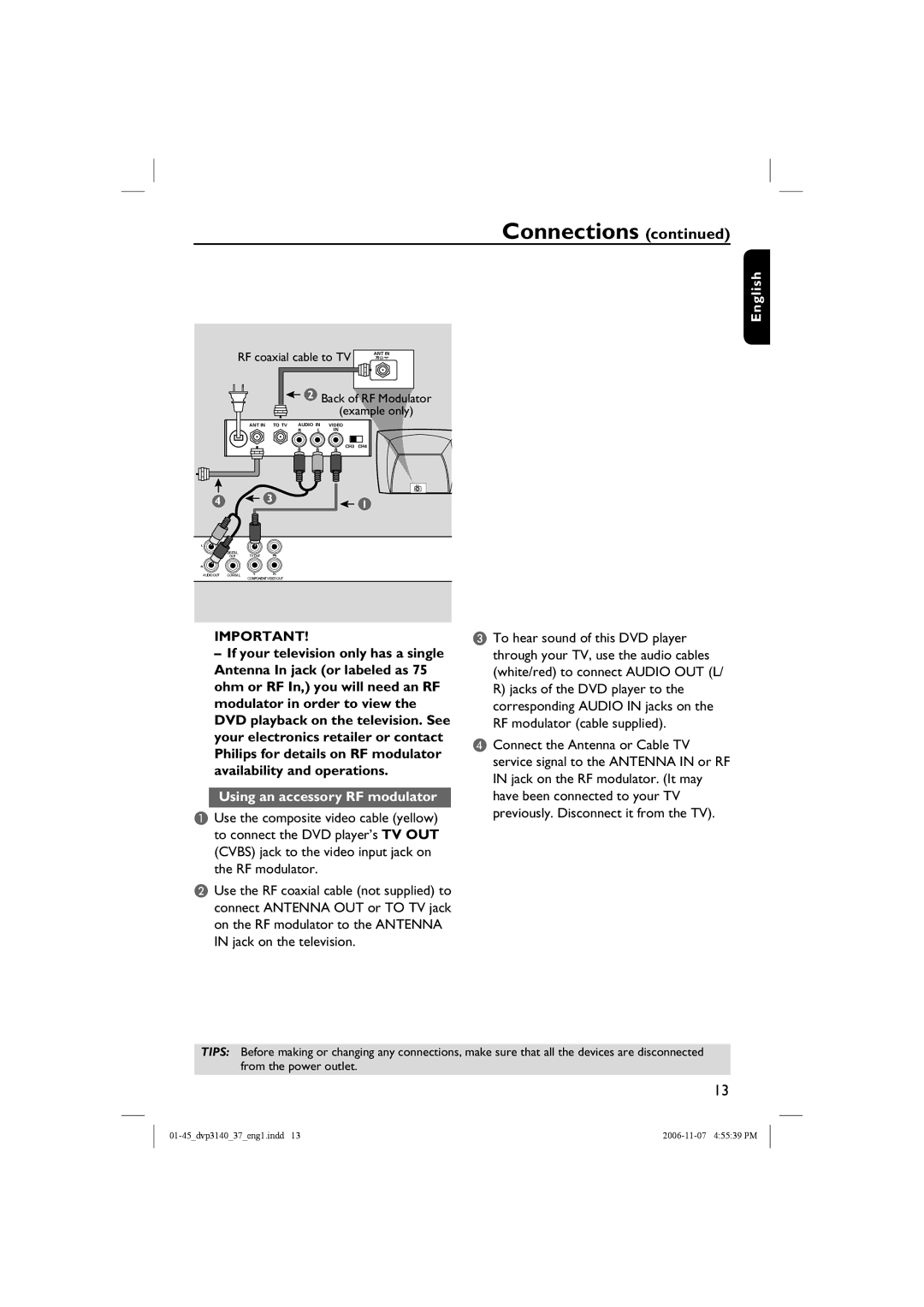 Philips DVP3140 manual Using an accessory RF modulator 