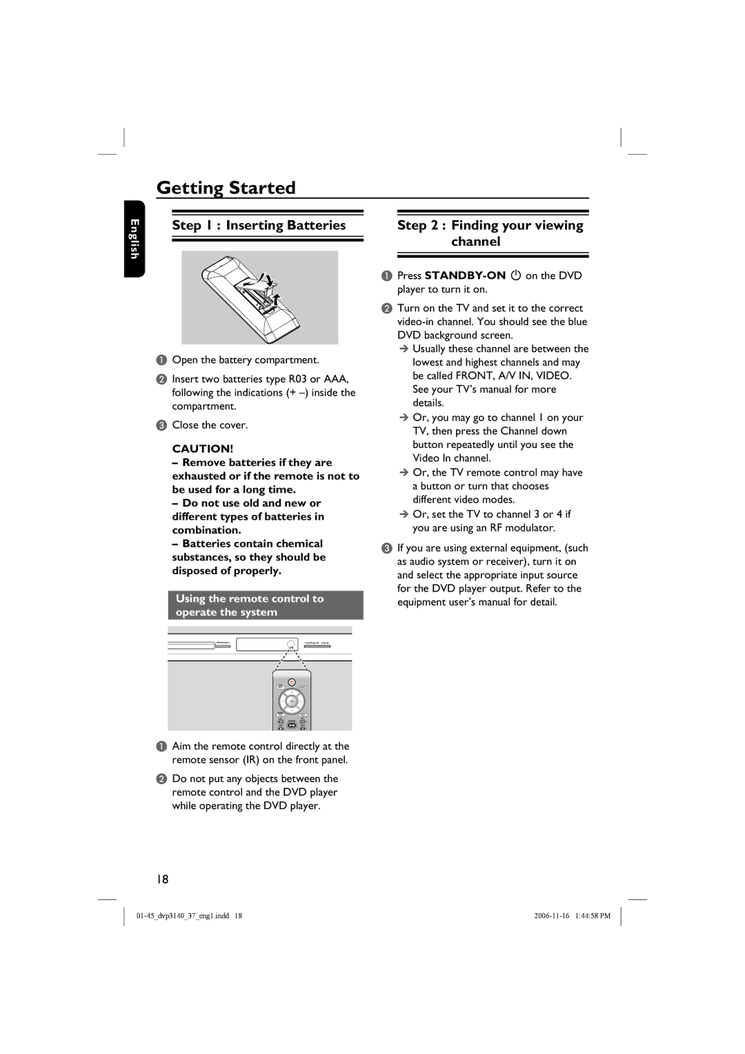 Philips DVP3140 manual Getting Started, Inserting Batteries, Finding your viewing channel 