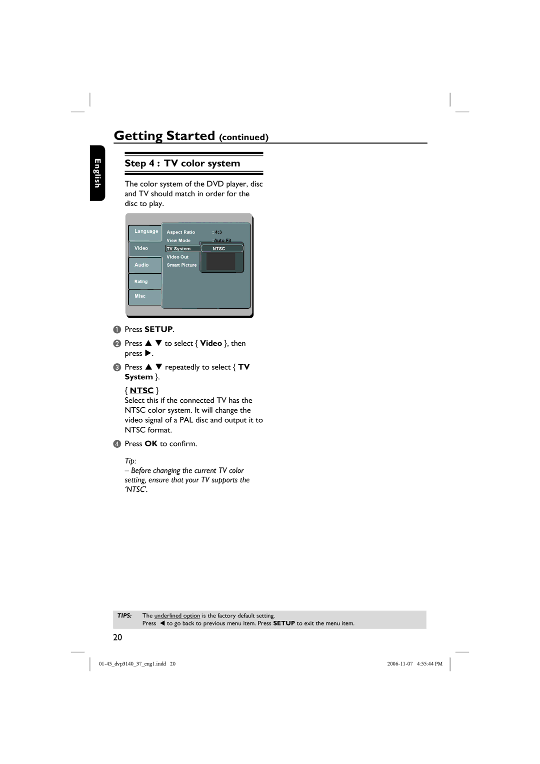 Philips DVP3140 manual TV color system, Ntsc 