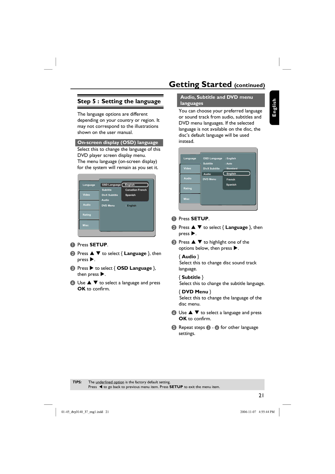 Philips DVP3140 manual Setting the language, On-screen display OSD language, Audio, Subtitle and DVD menu languages 