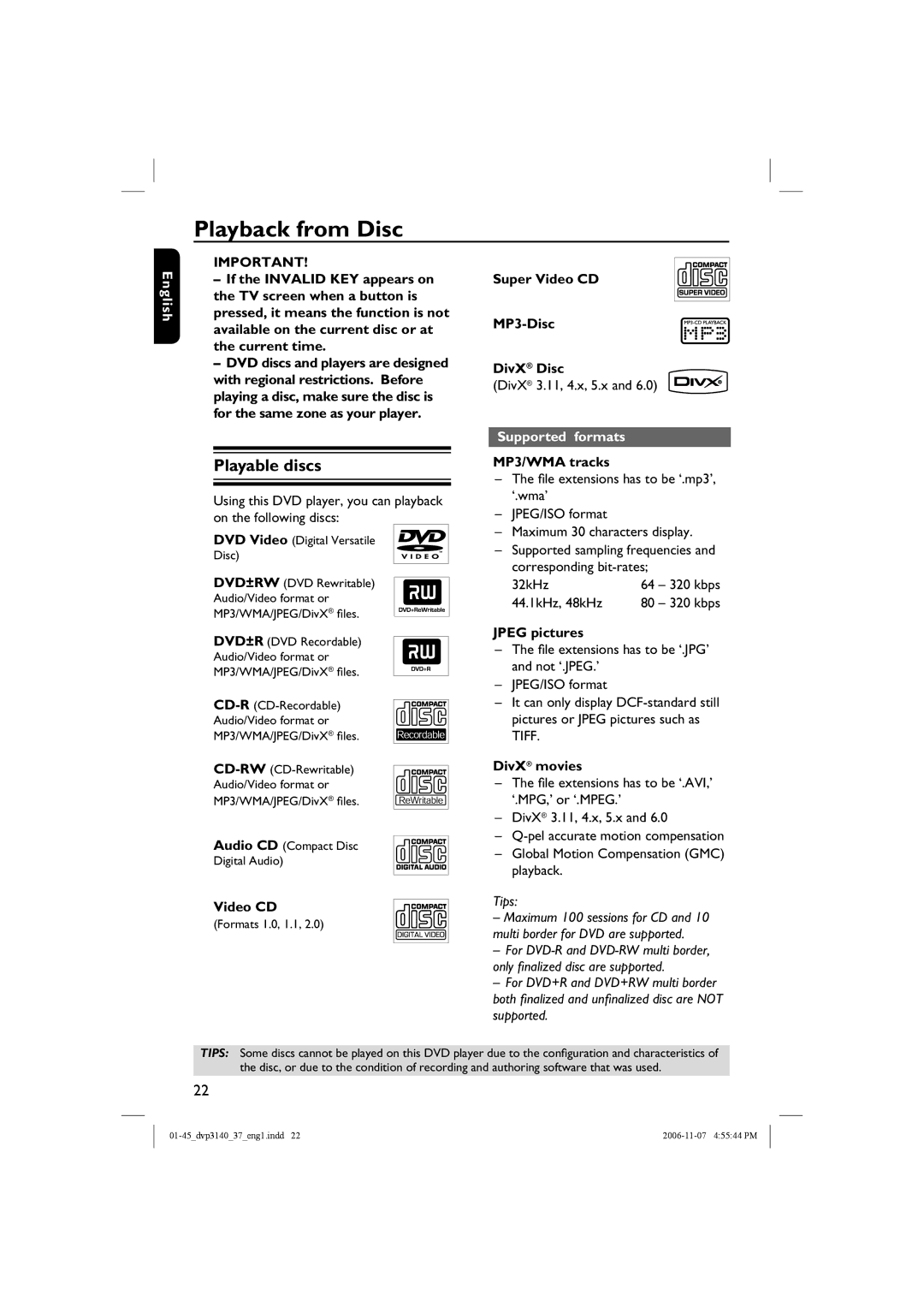 Philips DVP3140 manual Playback from Disc, Playable discs, Supported formats 