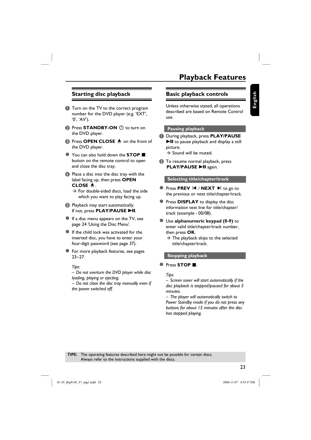 Philips DVP3140 manual Playback Features, Starting disc playback Basic playback controls 