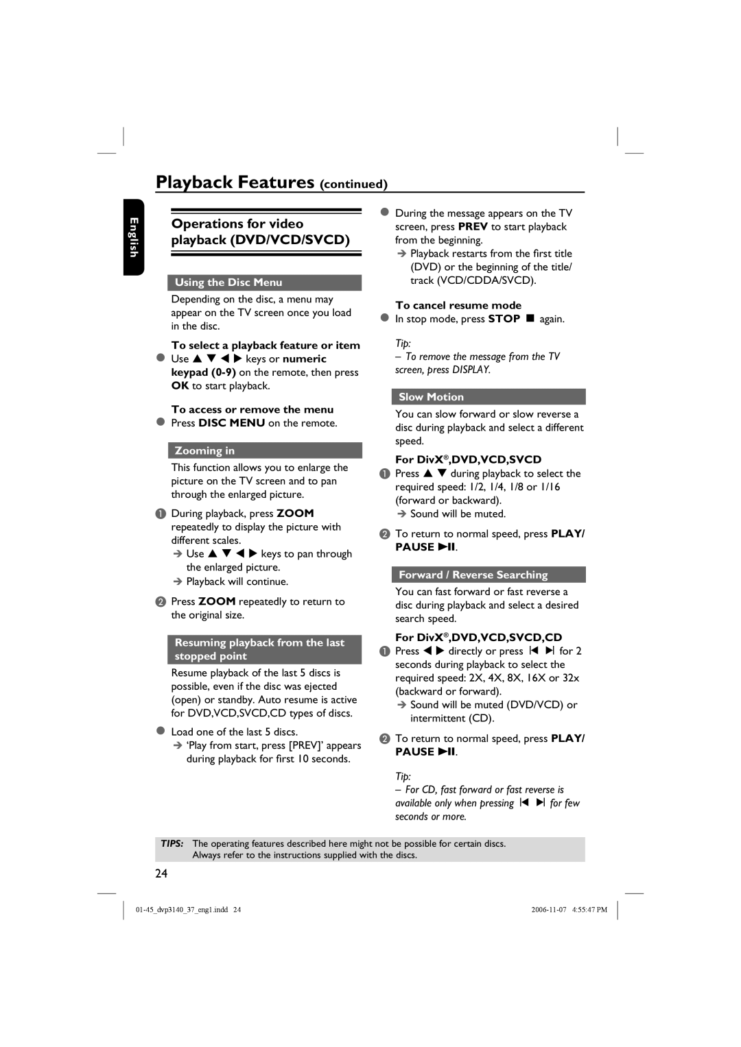 Philips DVP3140 manual Operations for video playback DVD/VCD/SVCD 