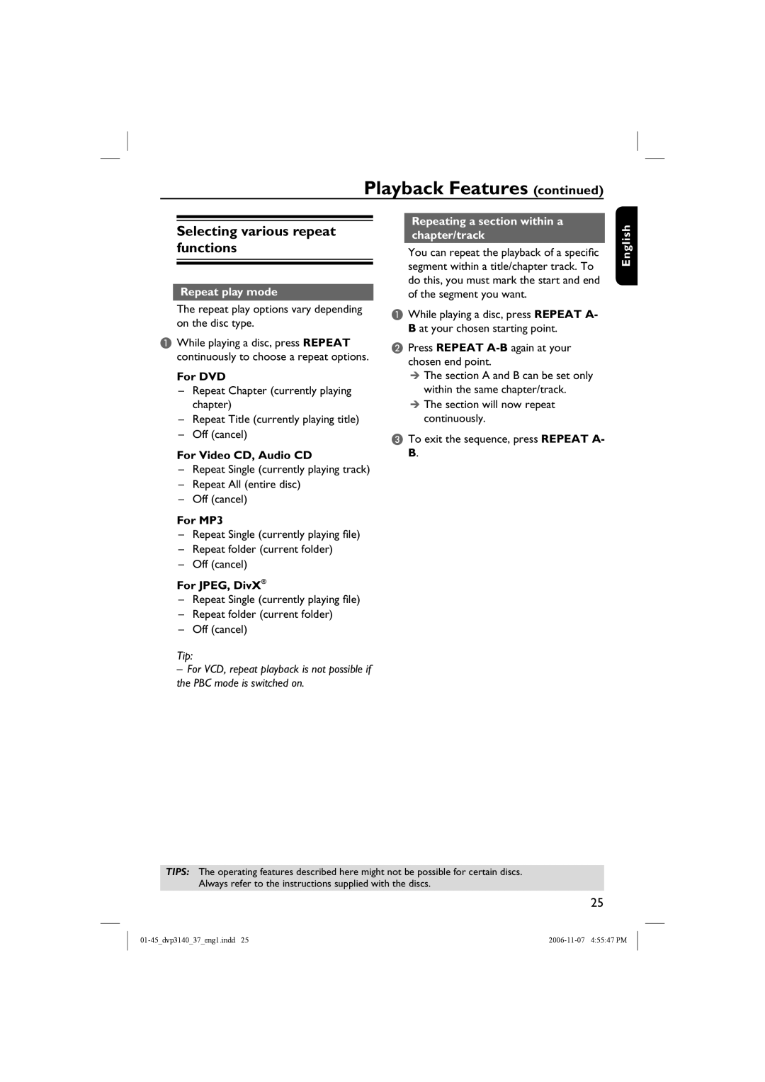 Philips DVP3140 manual Selecting various repeat functions, Repeat play mode, Repeating a section within a chapter/track 