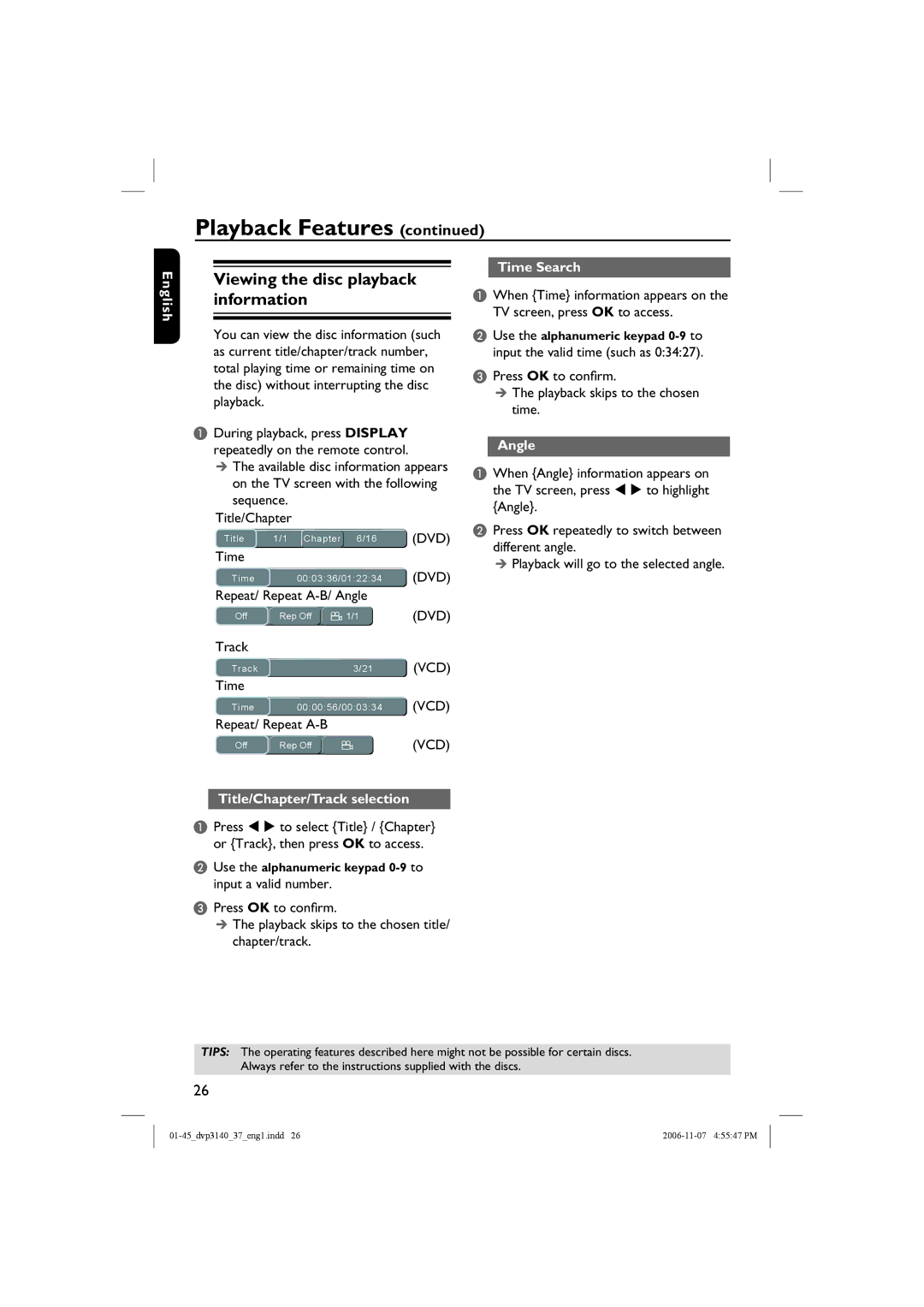 Philips DVP3140 manual Viewing the disc playback information, Time Search, Angle, Title/Chapter/Track selection 