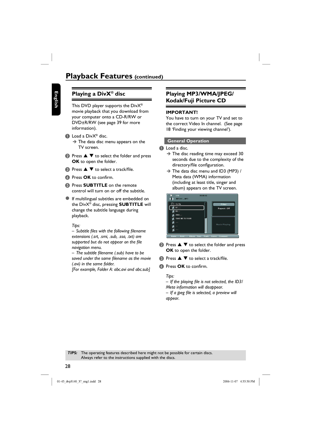 Philips DVP3140 manual Playing a DivX disc, Playing MP3/WMA/JPEG/ Kodak/Fuji Picture CD, General Operation 