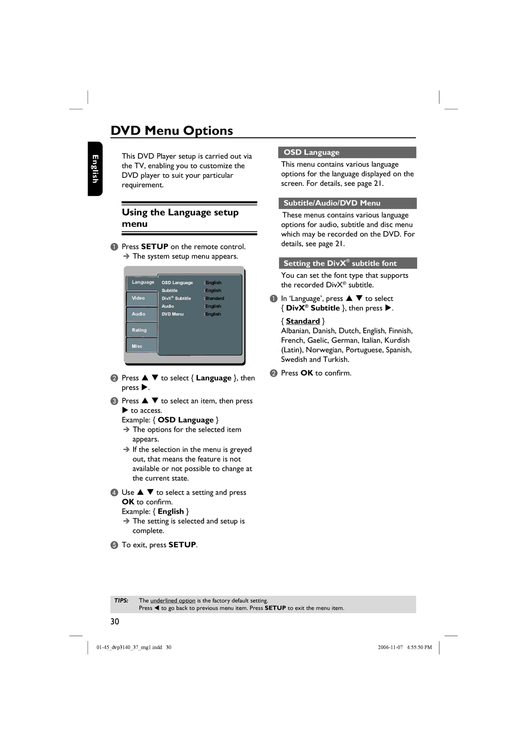 Philips DVP3140 manual DVD Menu Options, Using the Language setup menu, OSD Language, Subtitle/Audio/DVD Menu 