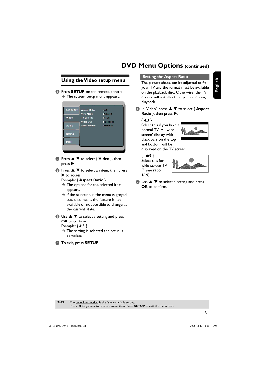 Philips DVP3140 manual Using the Video setup menu, Example Aspect Ratio, Setting the Aspect Ratio 