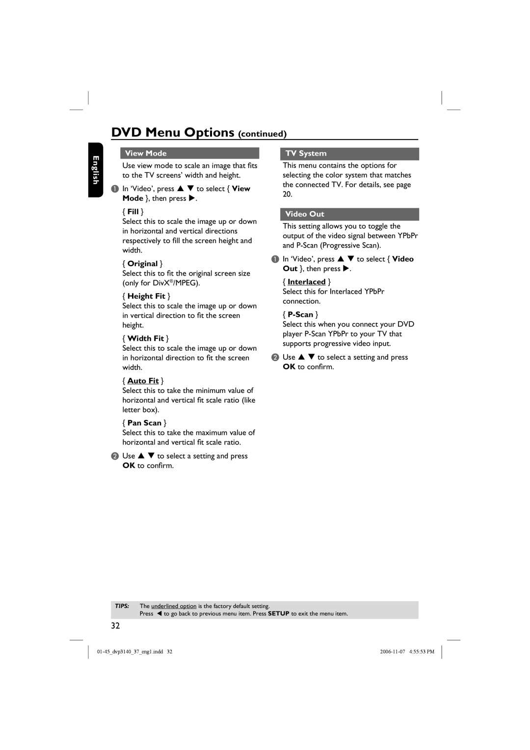 Philips DVP3140 manual View Mode TV System Nglish, Video Out 