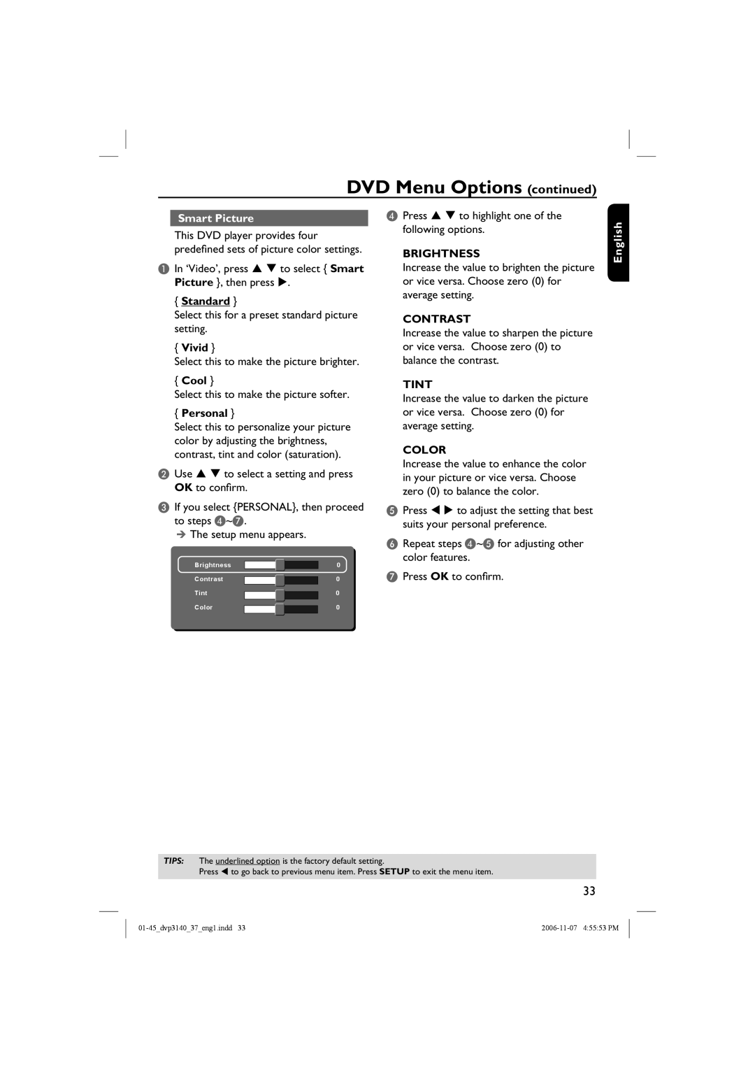 Philips DVP3140 manual Smart Picture, Vivid, Cool, Personal 