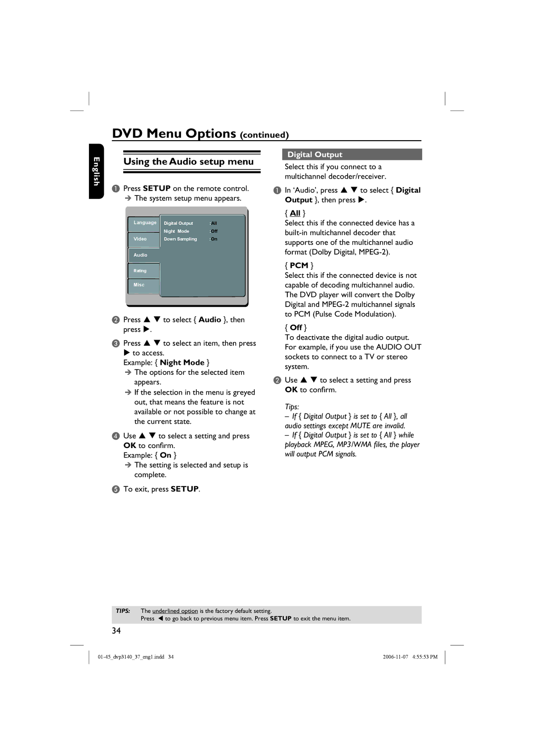 Philips DVP3140 manual Using the Audio setup menu, Digital Output, All, Pcm, Off 