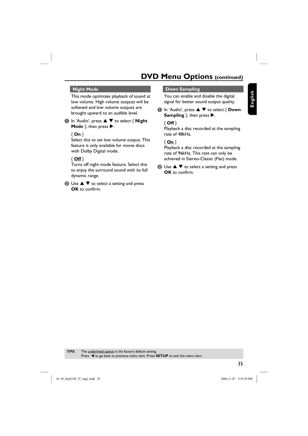 Philips DVP3140 manual Night Mode Down Sampling, ‘Audio’, press S T to select Down Sampling , then press, Engli 