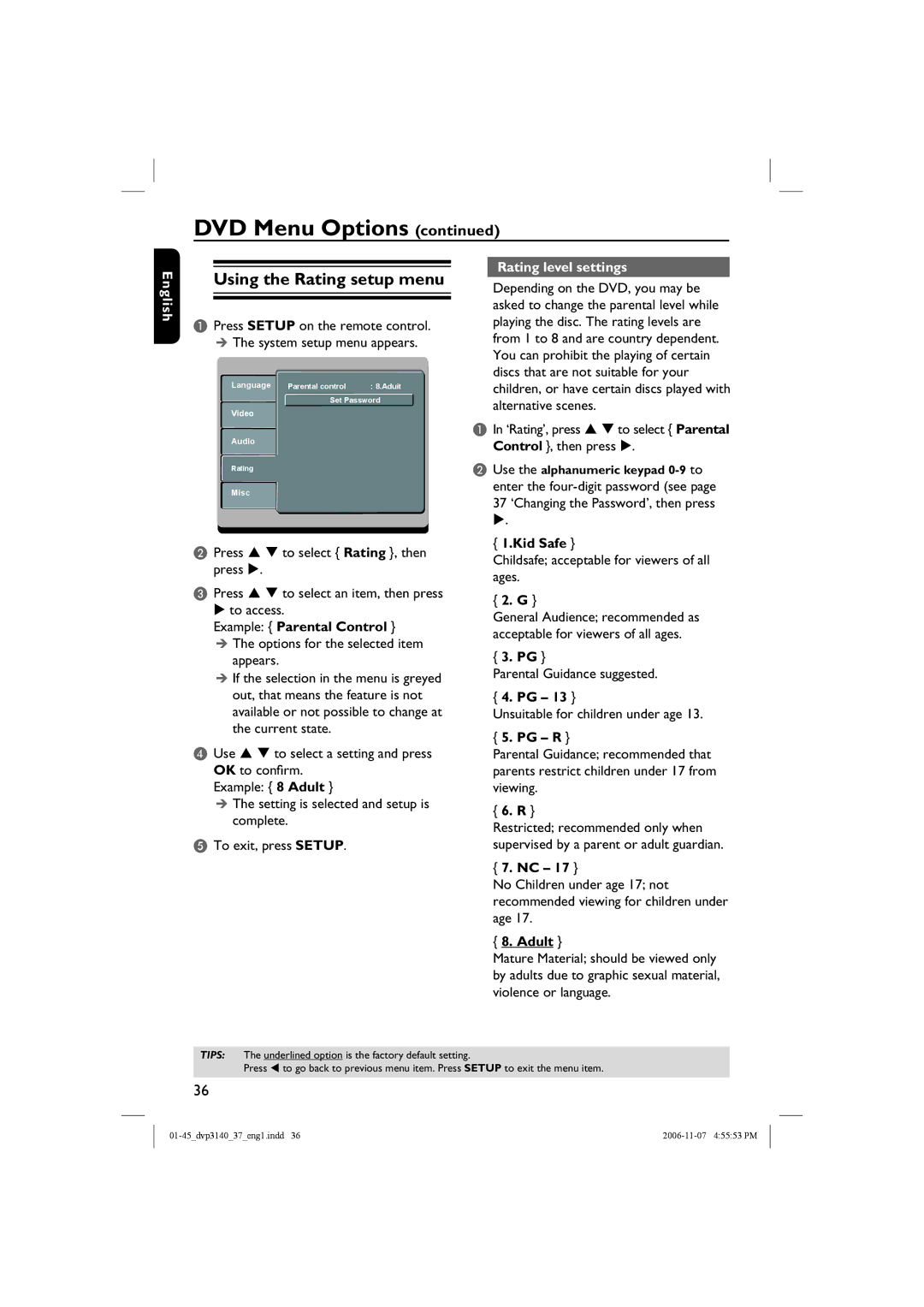 Philips DVP3140 manual Using the Rating setup menu, Rating level settings, Kid Safe, Pg R, Adult 