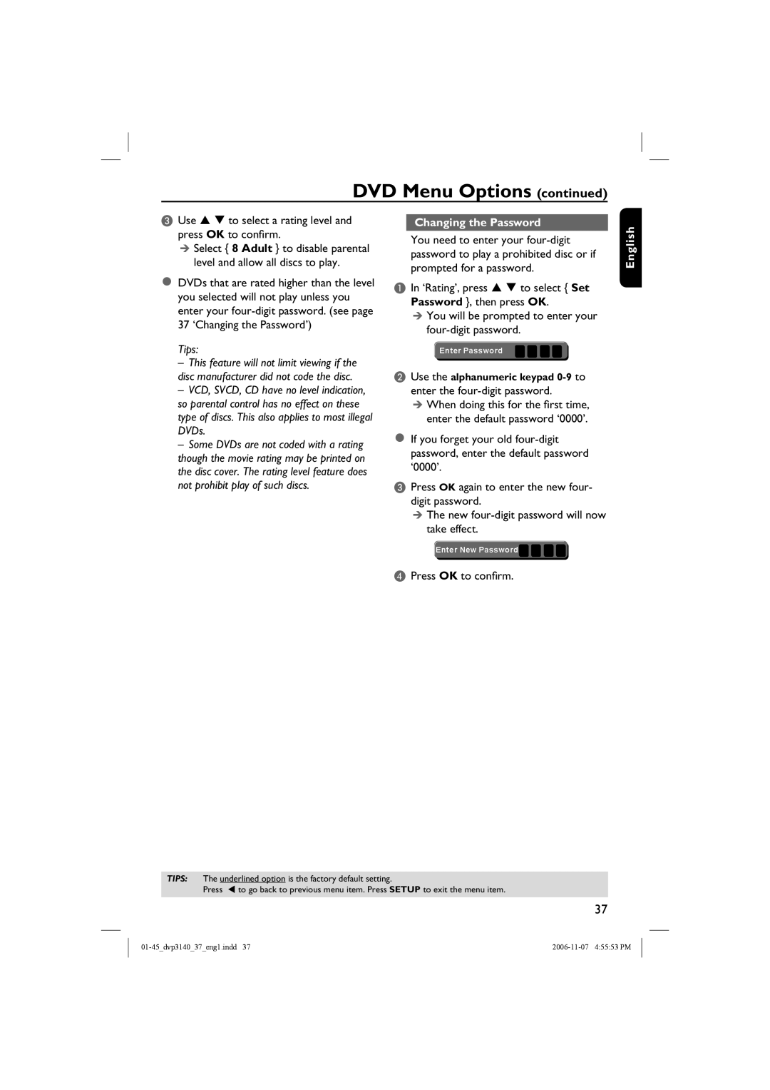 Philips DVP3140 manual Use S T to select a rating level and press OK to confirm, Changing the Password 