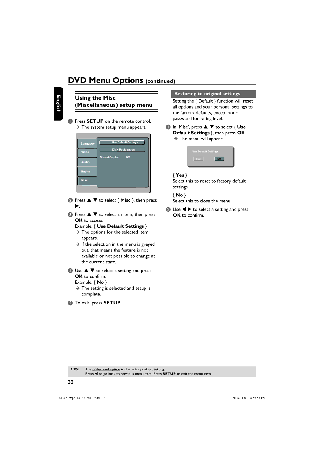 Philips DVP3140 Press S T to select an item, then press OK to access, Restoring to original settings, Menu will appear 