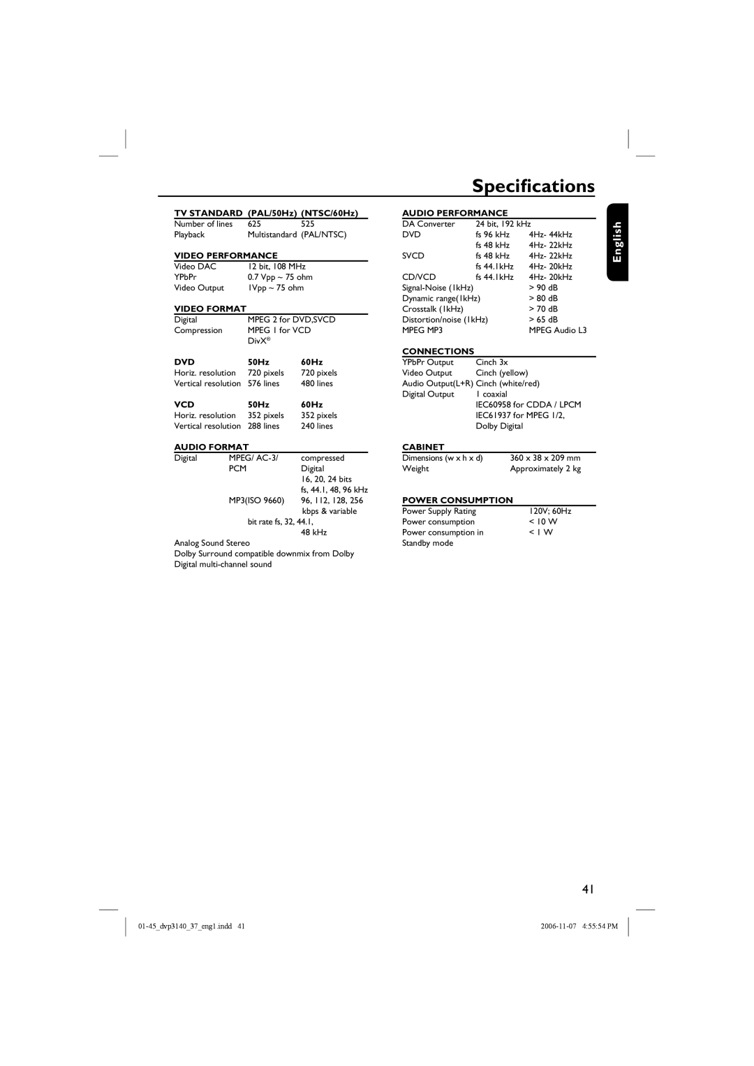 Philips DVP3140 manual Specifications, Audio Format 