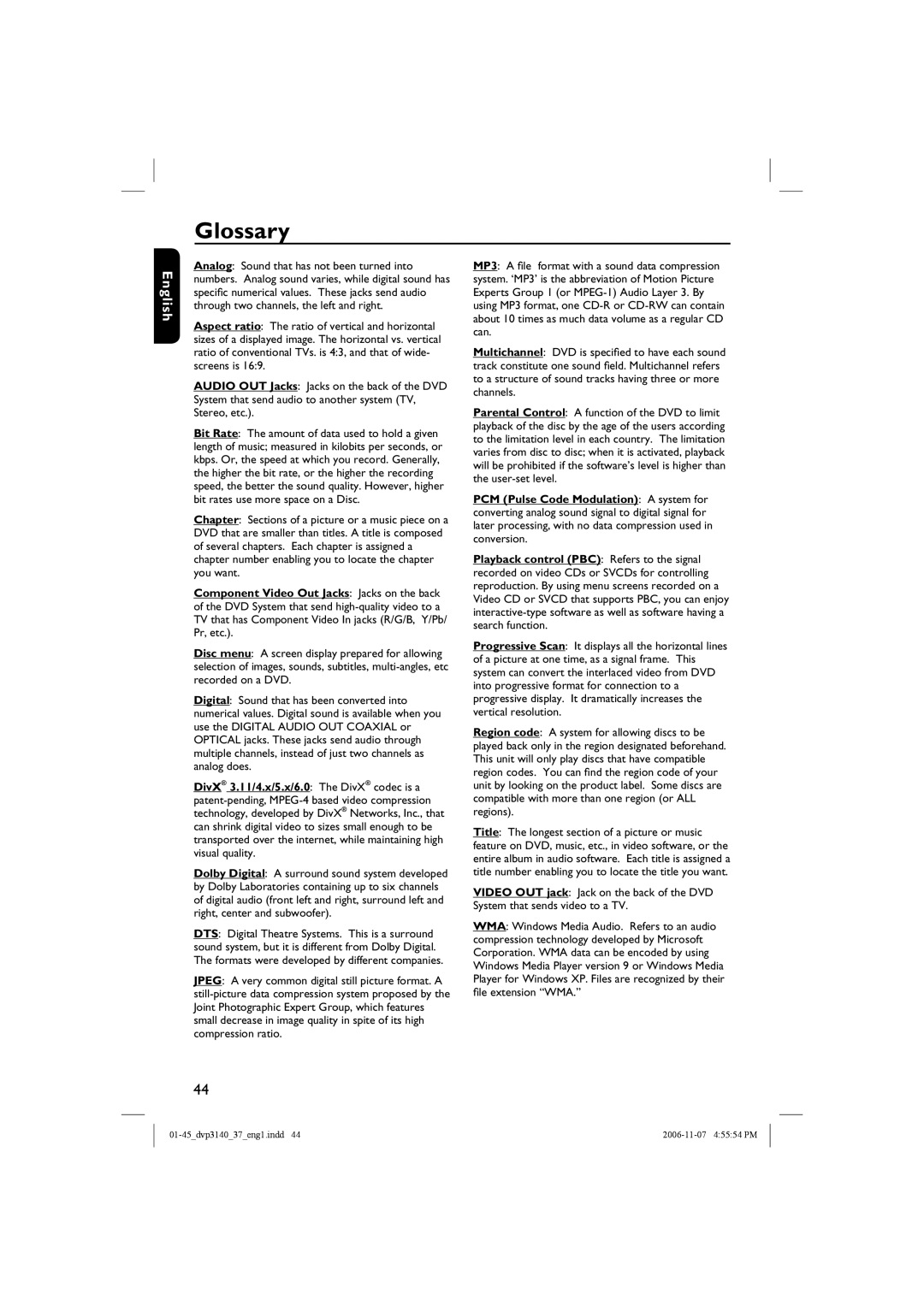 Philips DVP3140 manual Glossary 