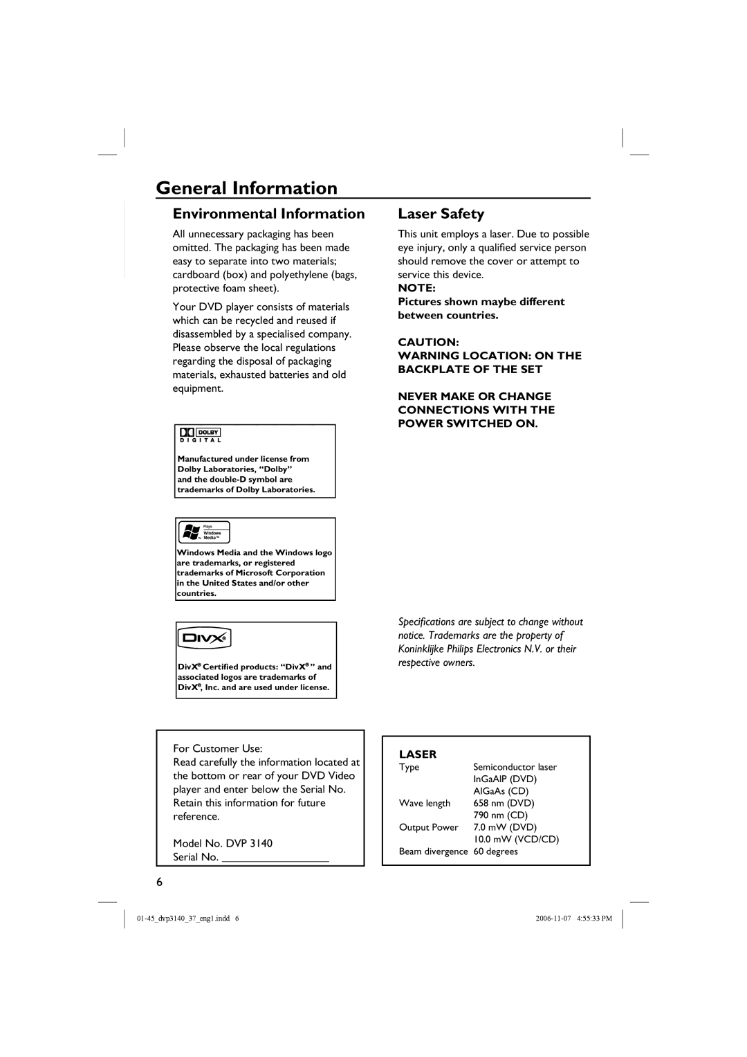 Philips DVP3140 manual General Information, Pictures shown maybe different between countries, For Customer Use 