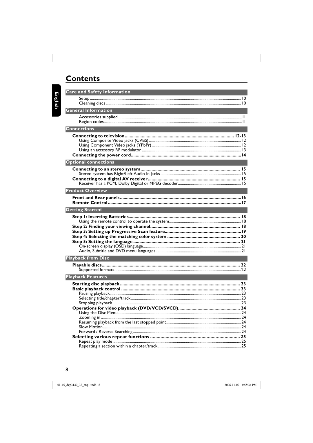 Philips DVP3140 manual Contents 