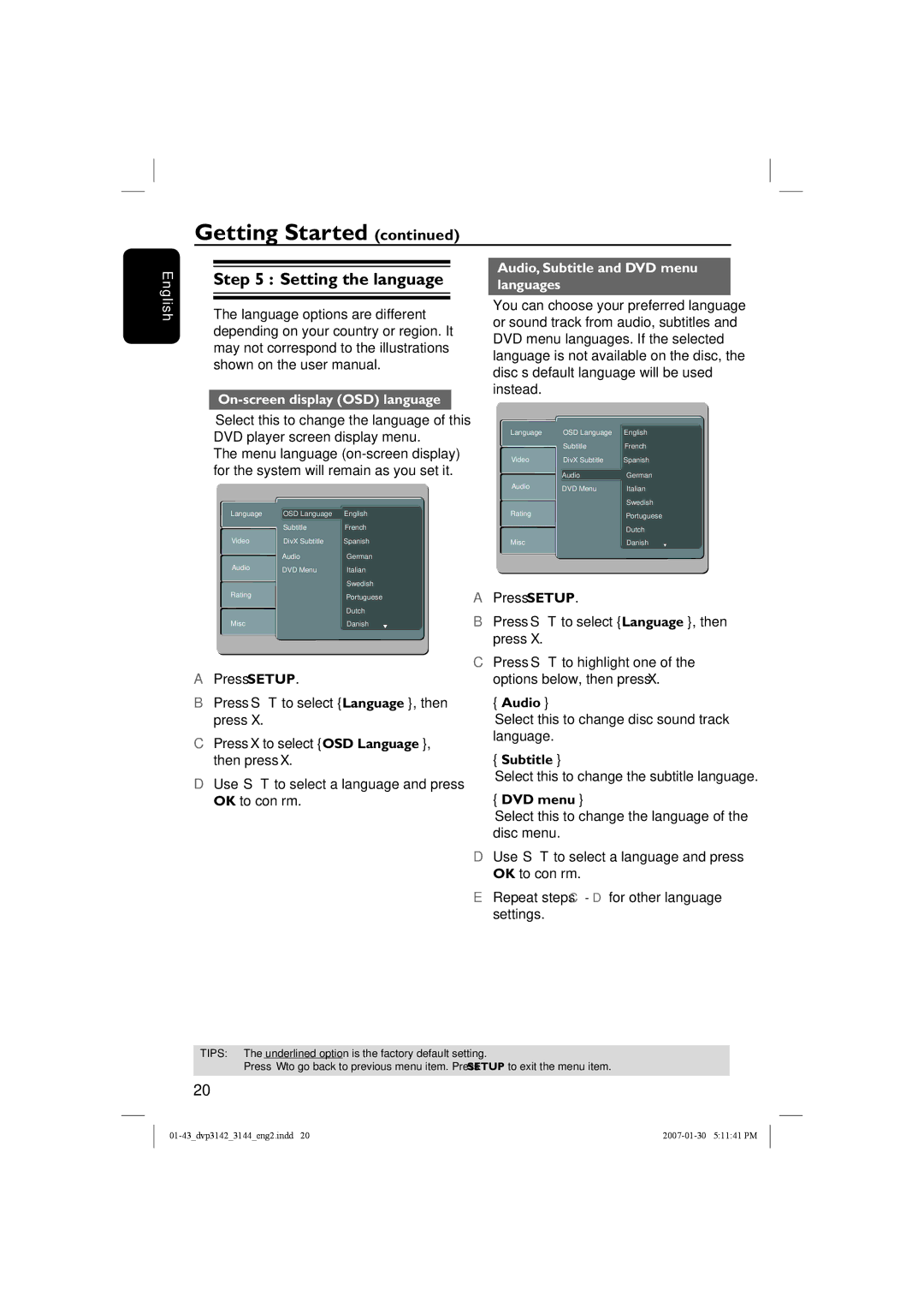 Philips DVP3144/12, DVP3142 user manual Audio, Subtitle and DVD menu, Languages, On-screen display OSD language 