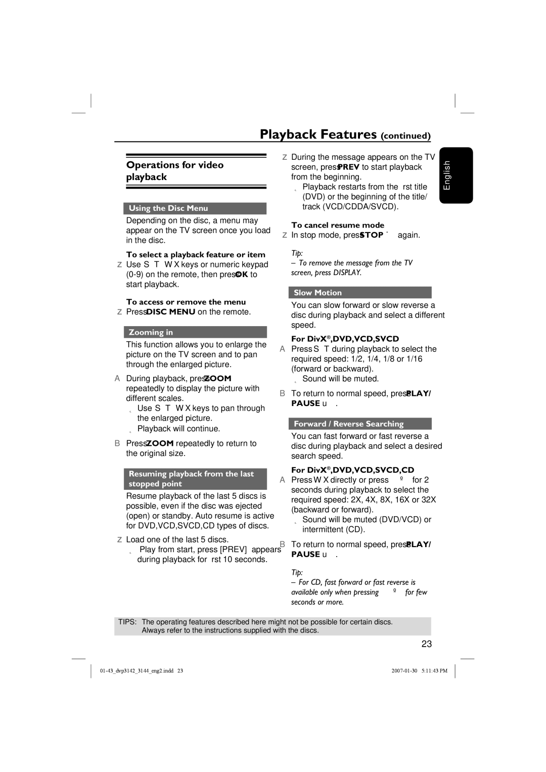 Philips DVP3144/12, DVP3142 user manual Operations for video playback 