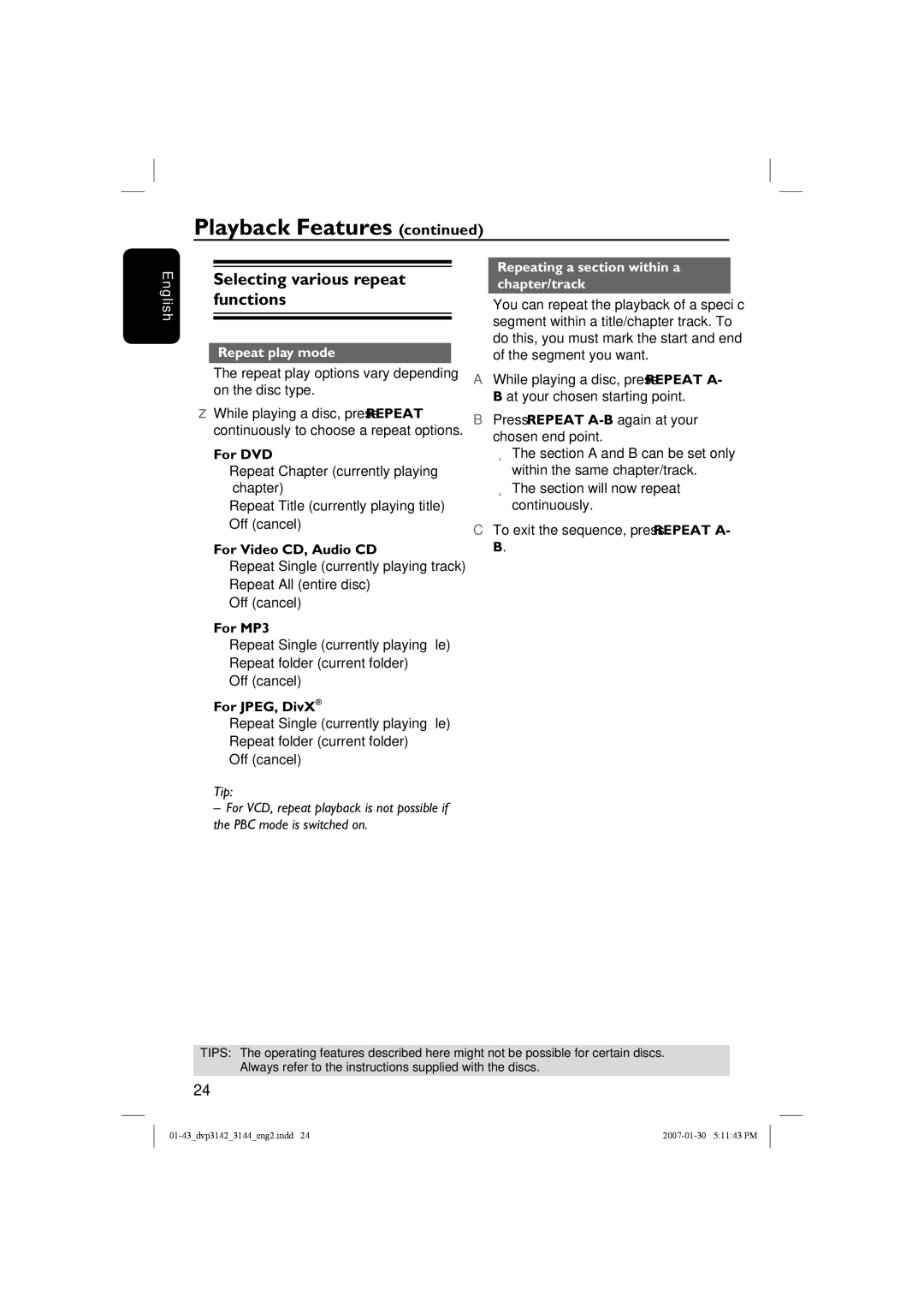 Philips DVP3144, DVP3142 Selecting various repeat functions, Repeat play mode, Repeating a section within a chapter/track 