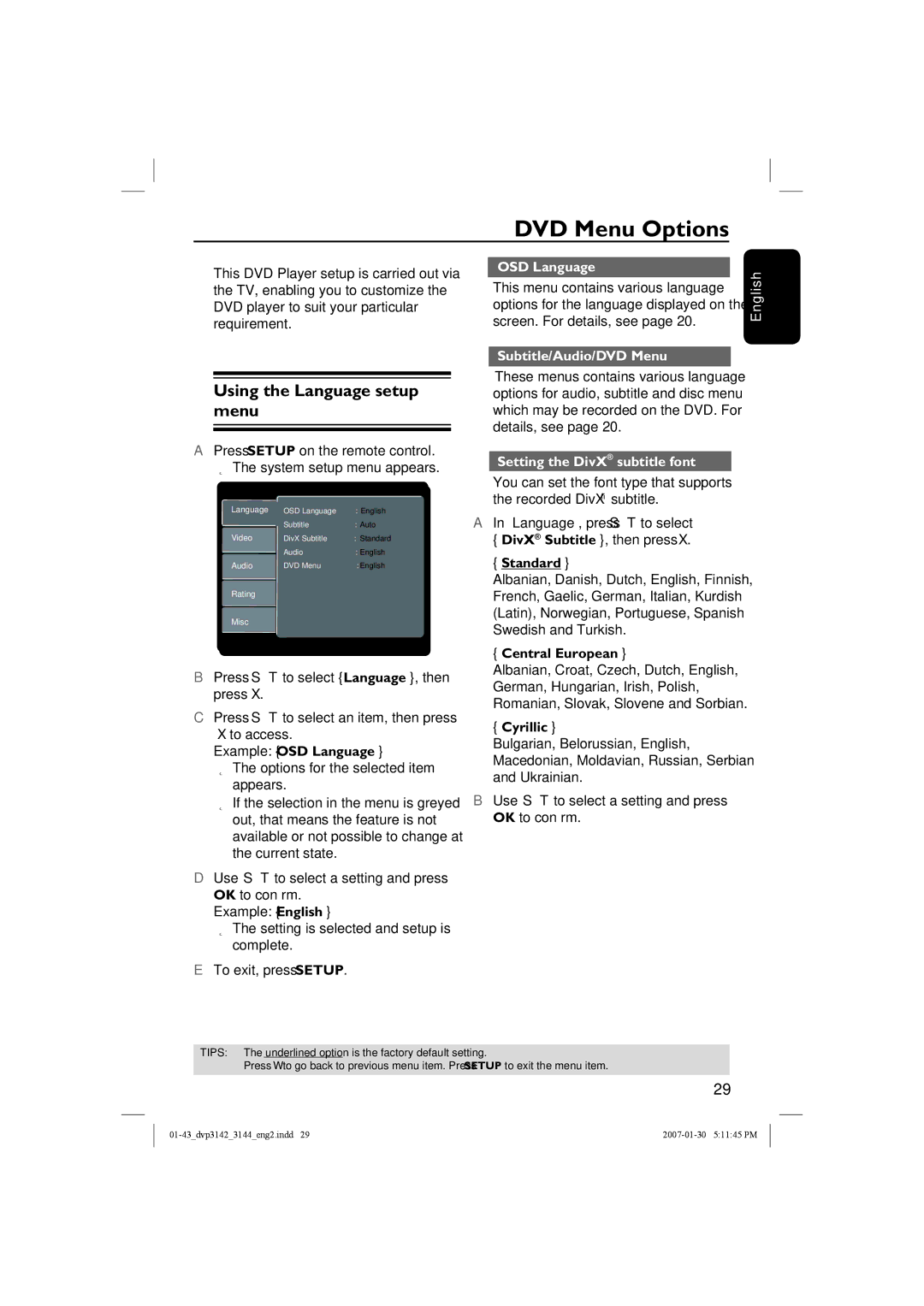 Philips DVP3144/12, DVP3142 DVD Menu Options, Using the Language setup menu, OSD Language, Subtitle/Audio/DVD Menu 