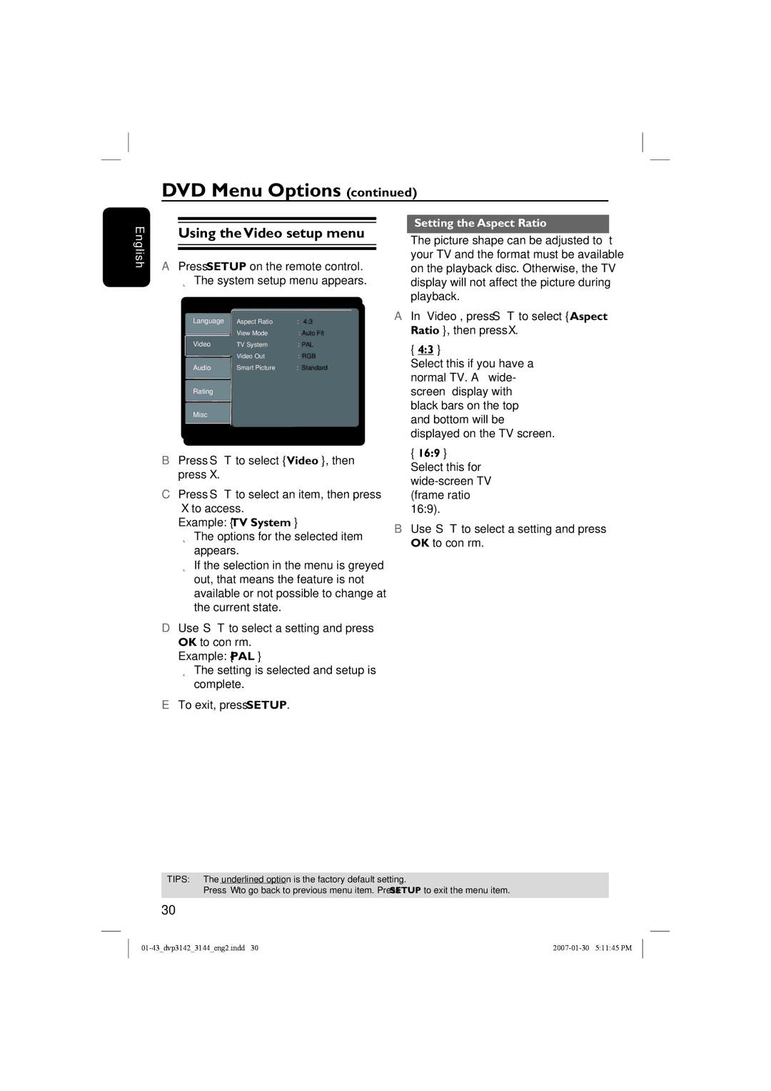 Philips DVP3142, DVP3144/12 user manual Using the Video setup menu, Setting the Aspect Ratio 