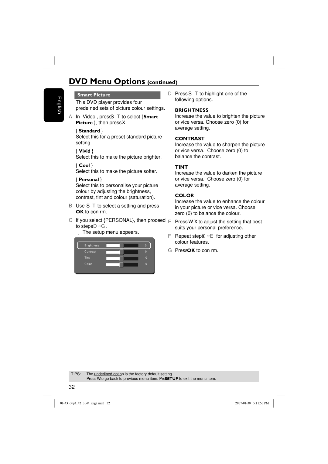 Philips DVP3144/12, DVP3142 user manual English Smart Picture, Vivid, Cool, Personal 