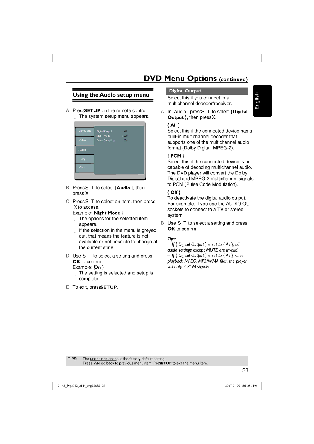 Philips DVP3142, DVP3144/12 user manual Using the Audio setup menu, Digital Output, All, Pcm, Off 