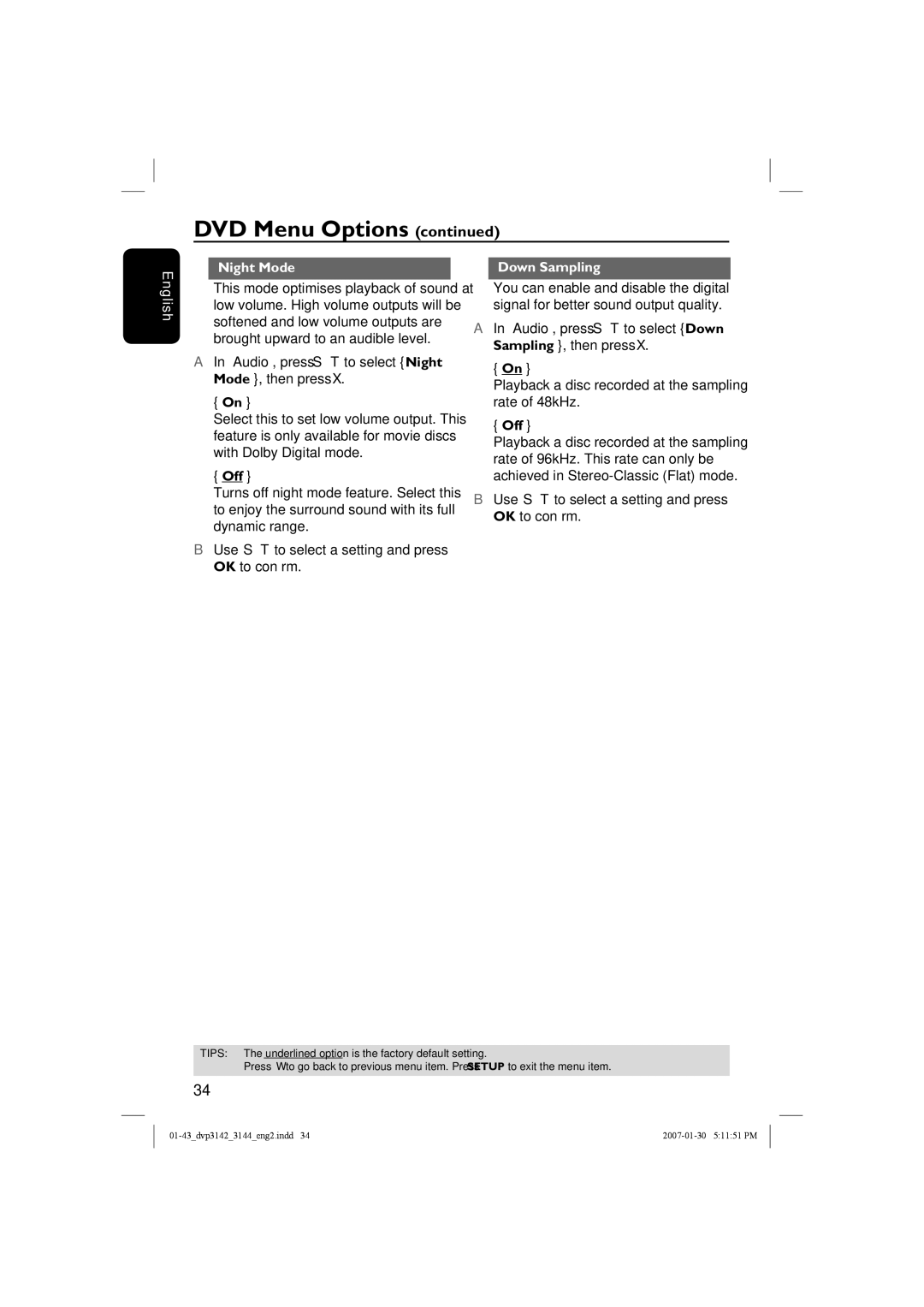 Philips DVP3142, DVP3144/12 user manual Night Mode Down Sampling English 