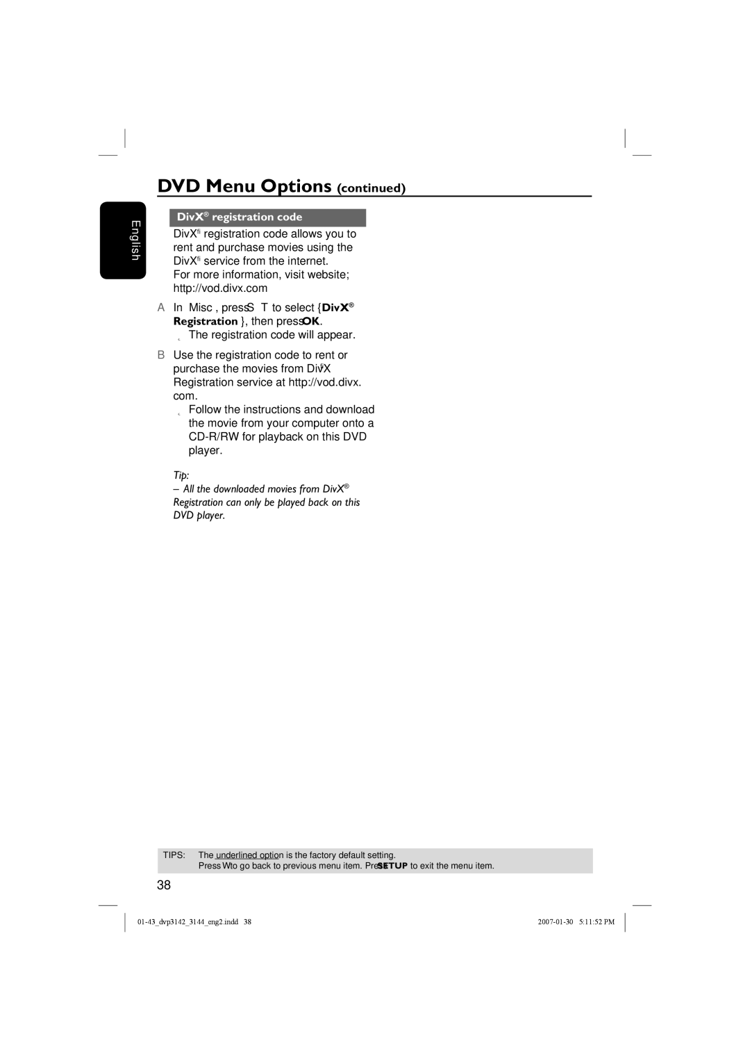 Philips DVP3144/12, DVP3142 user manual DivX registration code 