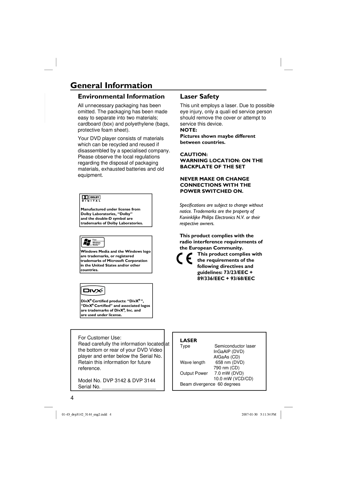 Philips DVP3142, DVP3144 General Information, English, Pictures shown maybe different between countries, For Customer Use 