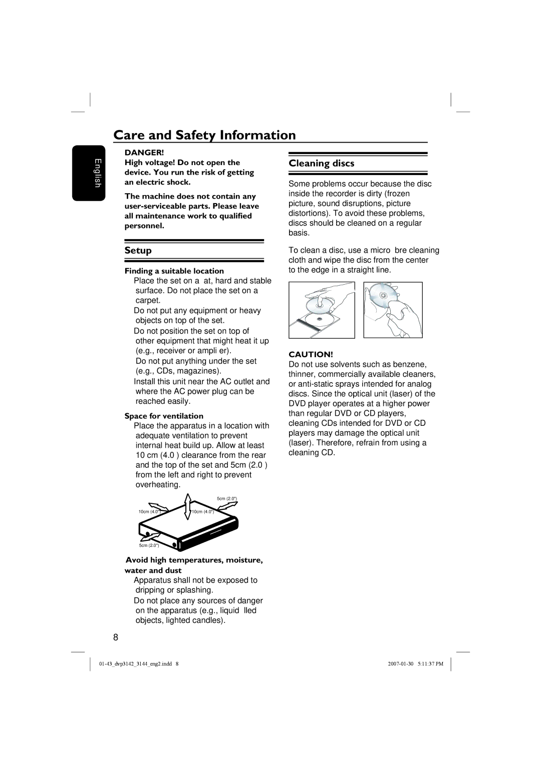 Philips DVP3144/12, DVP3142 user manual Care and Safety Information, Setup, Cleaning discs 