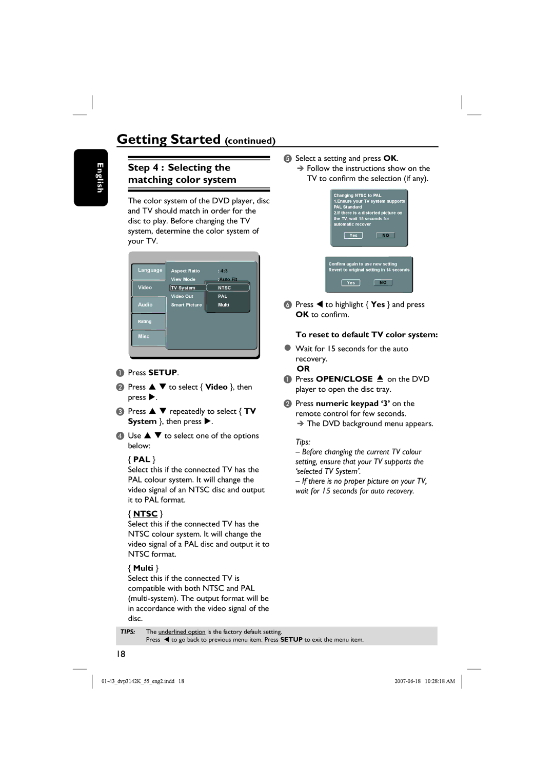 Philips DVP3144K, DVP3142K Selecting the matching color system, Pal, Ntsc, Multi, To reset to default TV color system 