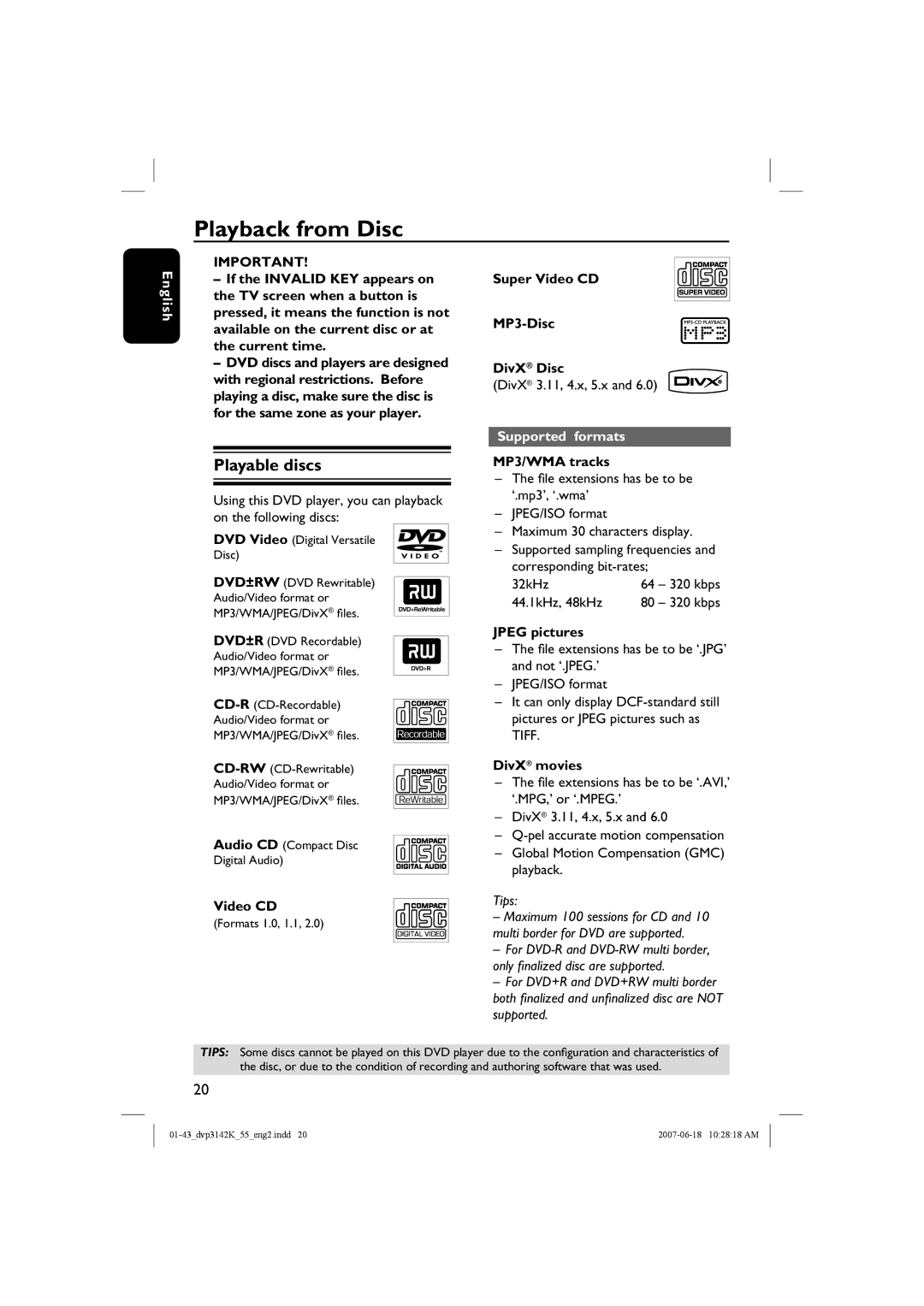 Philips DVP3142KM/78, DVP3144K quick start Playback from Disc, Playable discs, Supported formats 