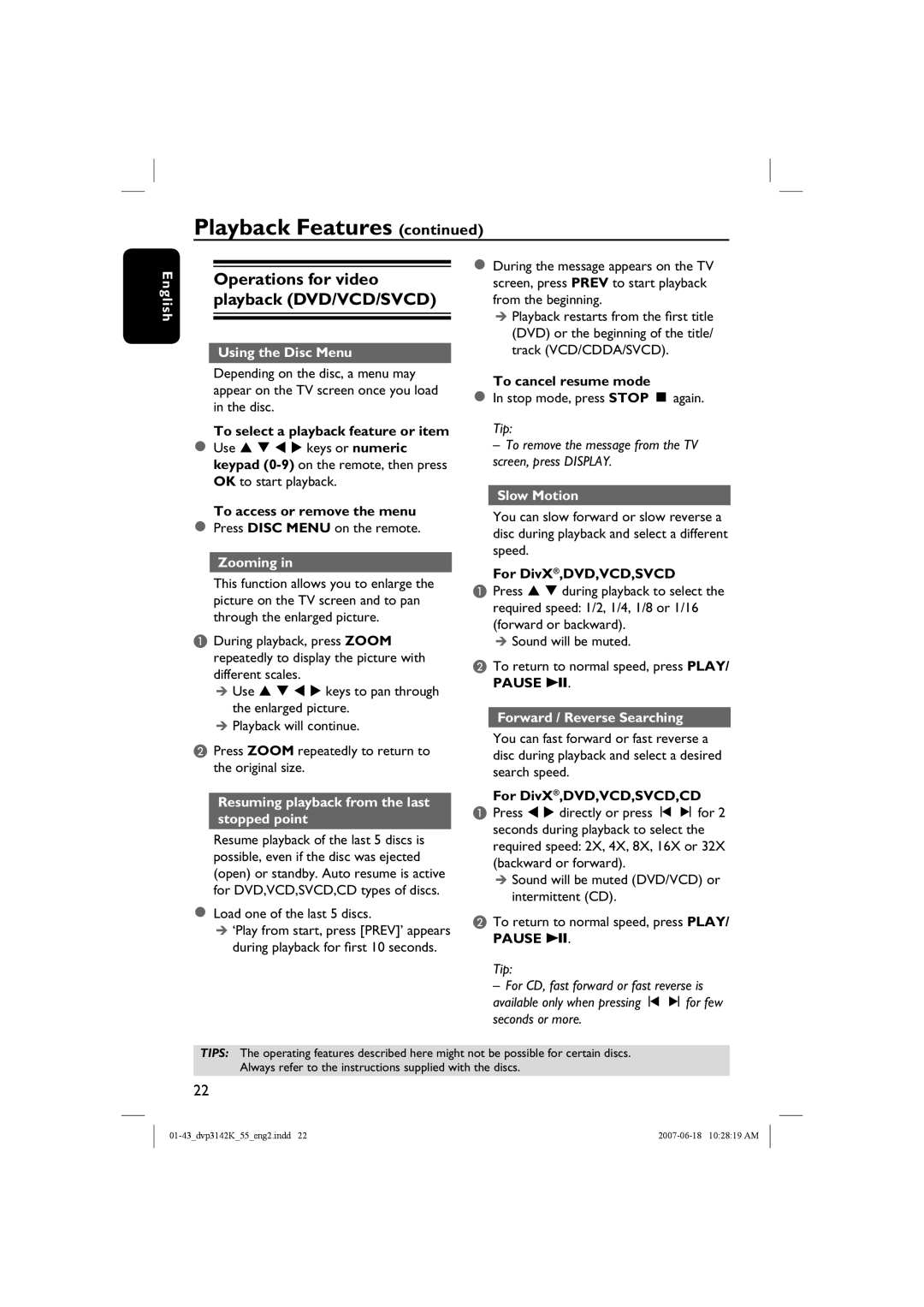 Philips DVP3144K, DVP3142KM/78 quick start Operations for video playback DVD/VCD/SVCD 