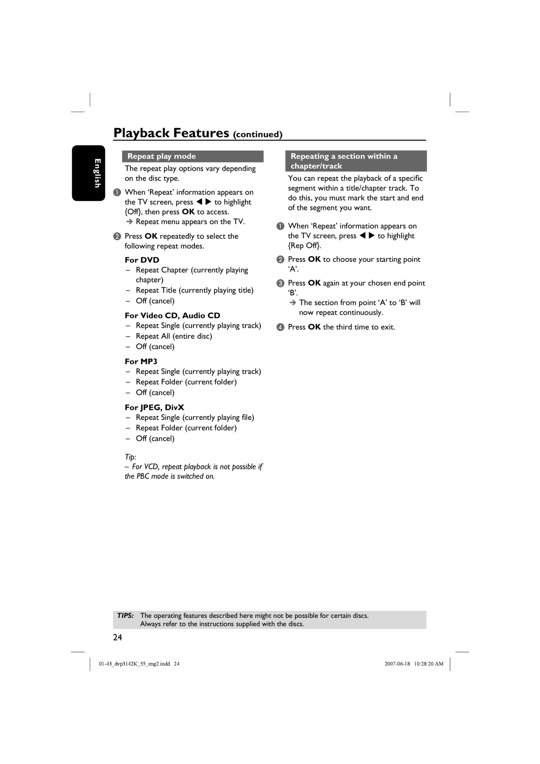 Philips DVP3144K, DVP3142KM/78 quick start English Repeat play mode, Repeating a section within a chapter/track 