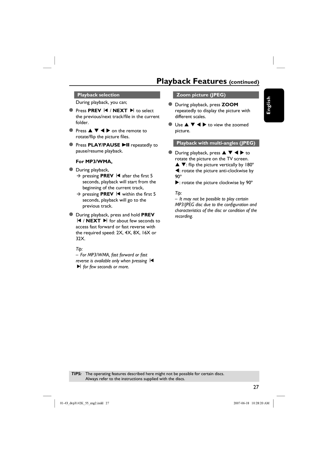 Philips DVP3144K Playback selection, Press PLAY/PAUSE urepeatedly to pause/resume playback, For MP3/WMA, Zoom picture Jpeg 