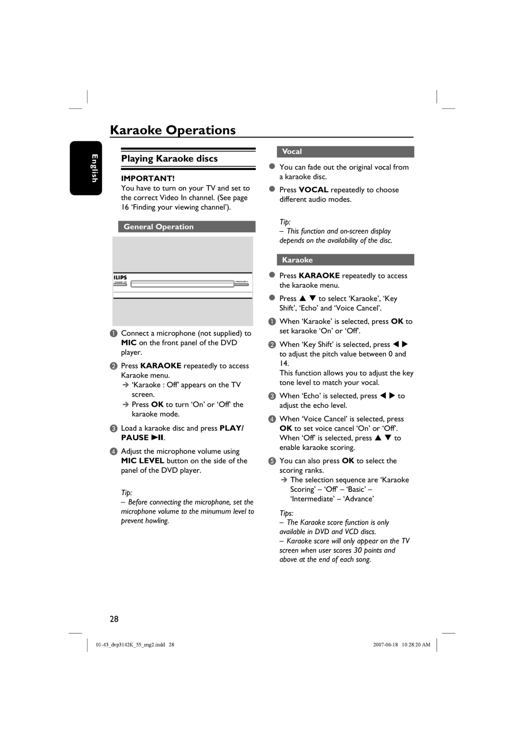 Philips DVP3142K Karaoke Operations, Playing Karaoke discs, Vocal, Press Karaoke repeatedly to access the karaoke menu 