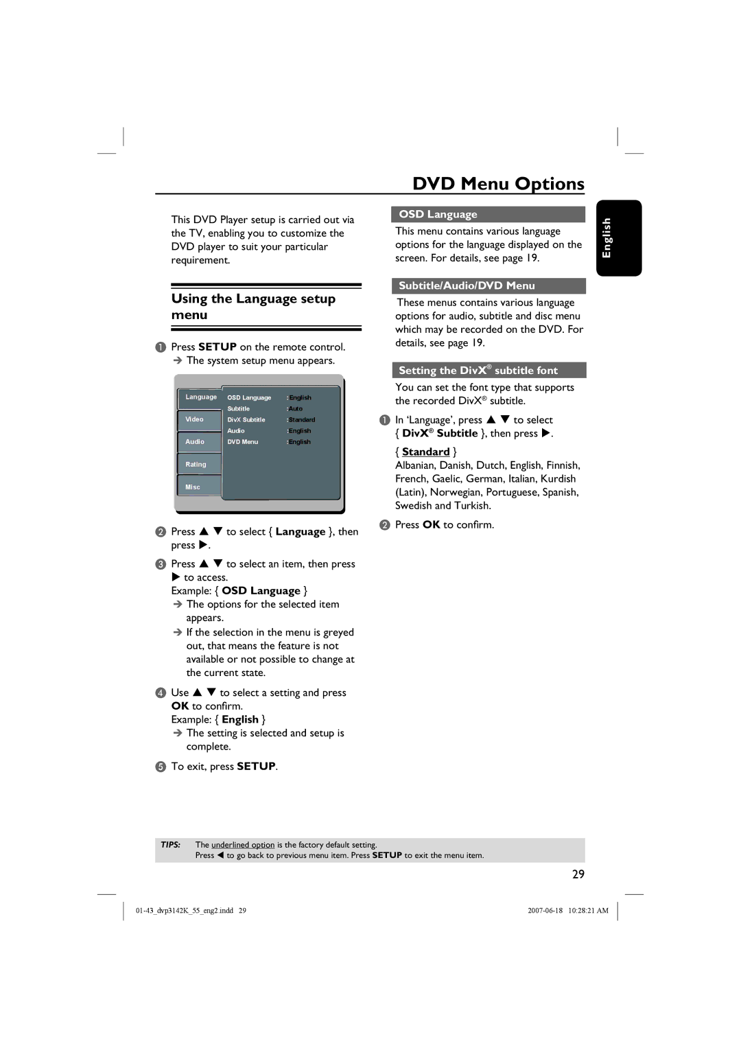 Philips DVP3142KM/78, DVP3144K DVD Menu Options, Using the Language setup menu, OSD Language, Subtitle/Audio/DVD Menu 