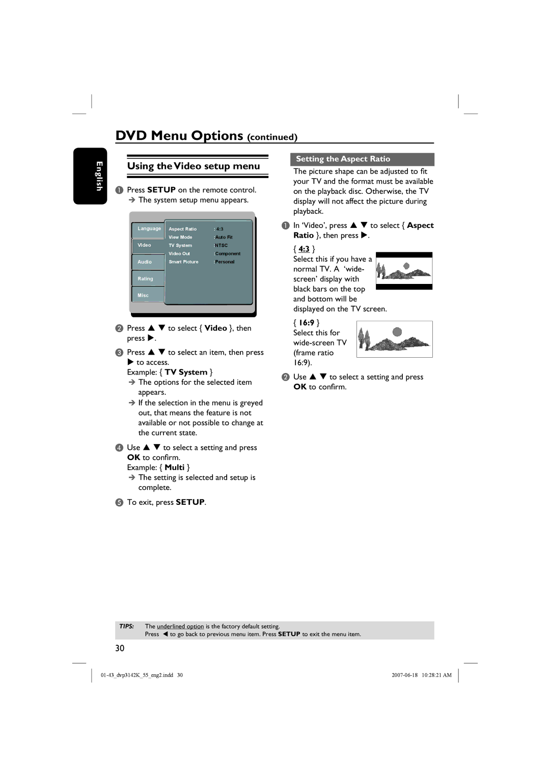 Philips DVP3144K, DVP3142KM/78 quick start Using the Video setup menu, Setting the Aspect Ratio 