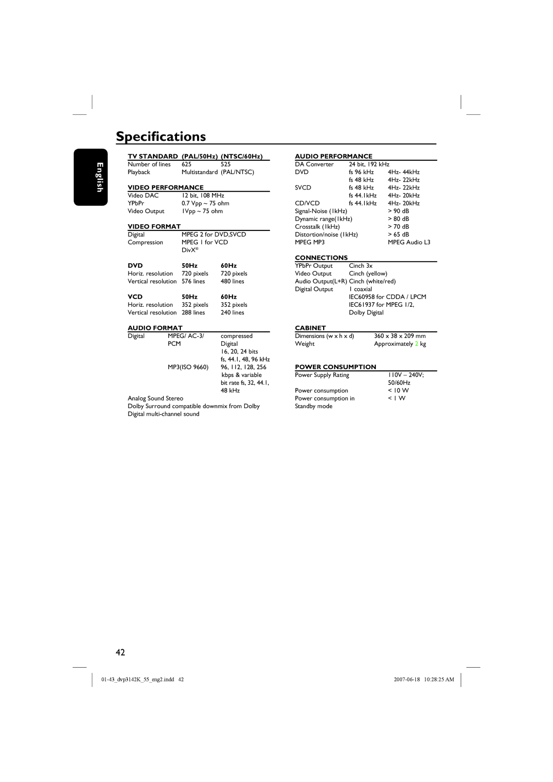 Philips DVP3144K, DVP3142KM/78 quick start Specifications, Audio Format 